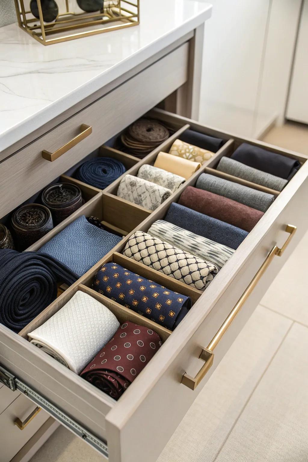 Scarf and tie organizer for wrinkle-free storage.