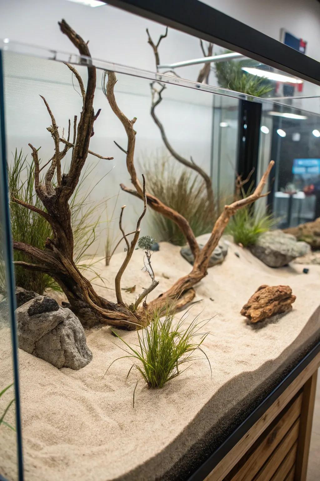 A striking arid oasis waterscape featuring aquatic wood and minimalistic elements.