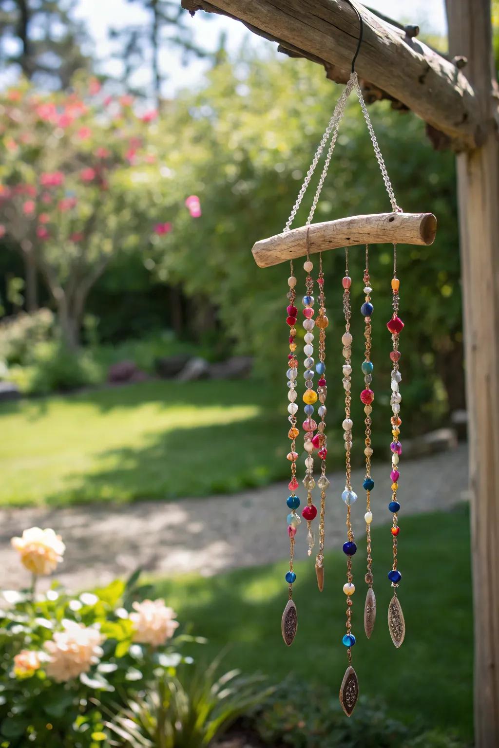 Driftwood wind chimes produce both visual and auditory beauty.