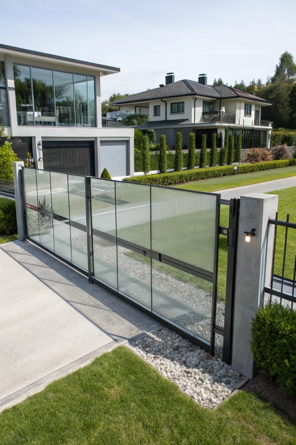 A gate featuring glass panels delivers contemporary transparency and style.