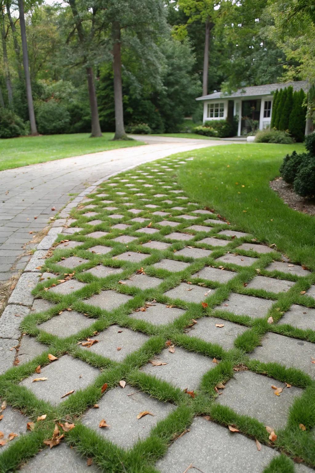 Natural aesthetic featuring grass-crowned flat stones in the driveway.