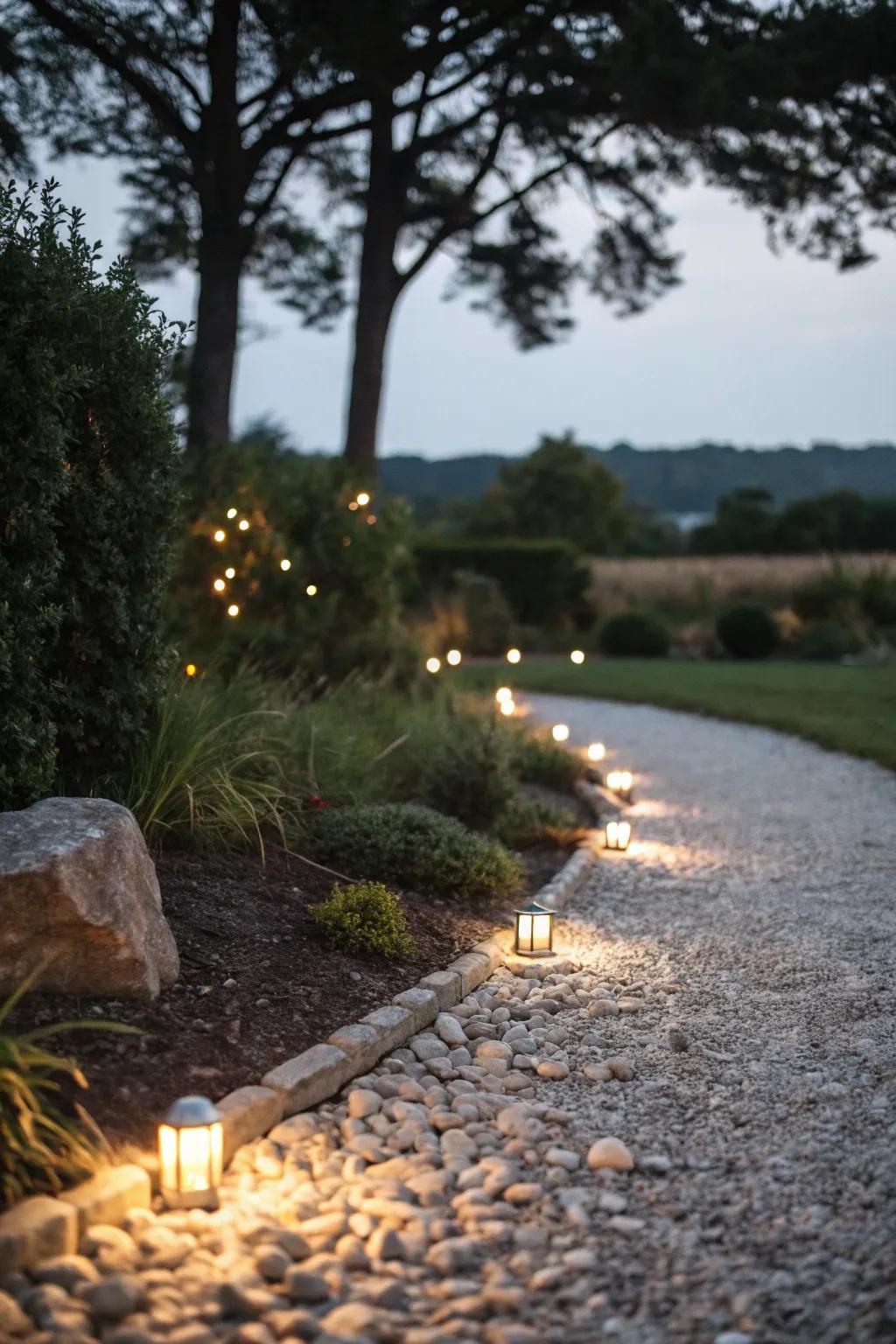 A gravel path beautifully illuminated by subtle solar lights.