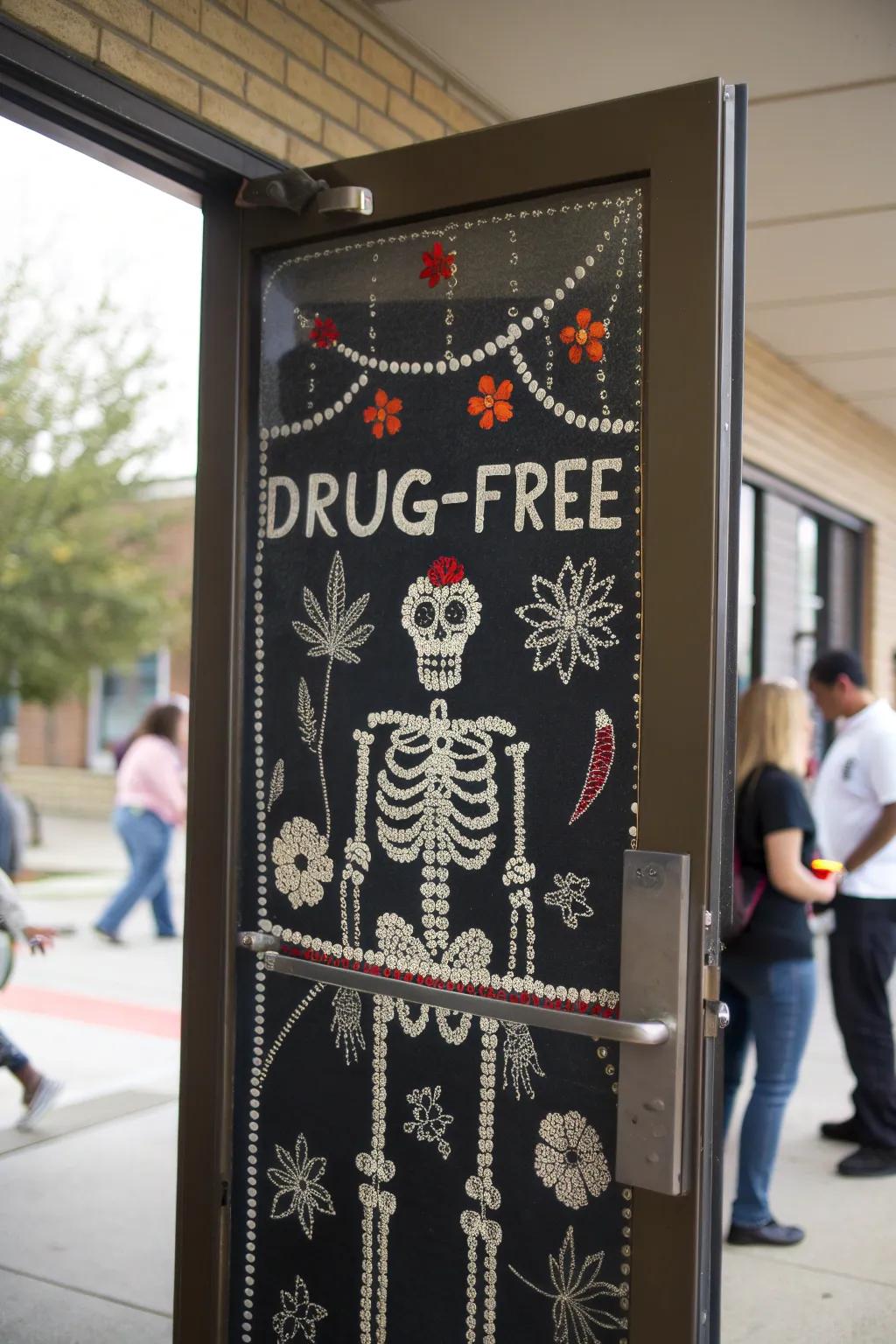 A skeleton-themed door using a serious substance-free message.