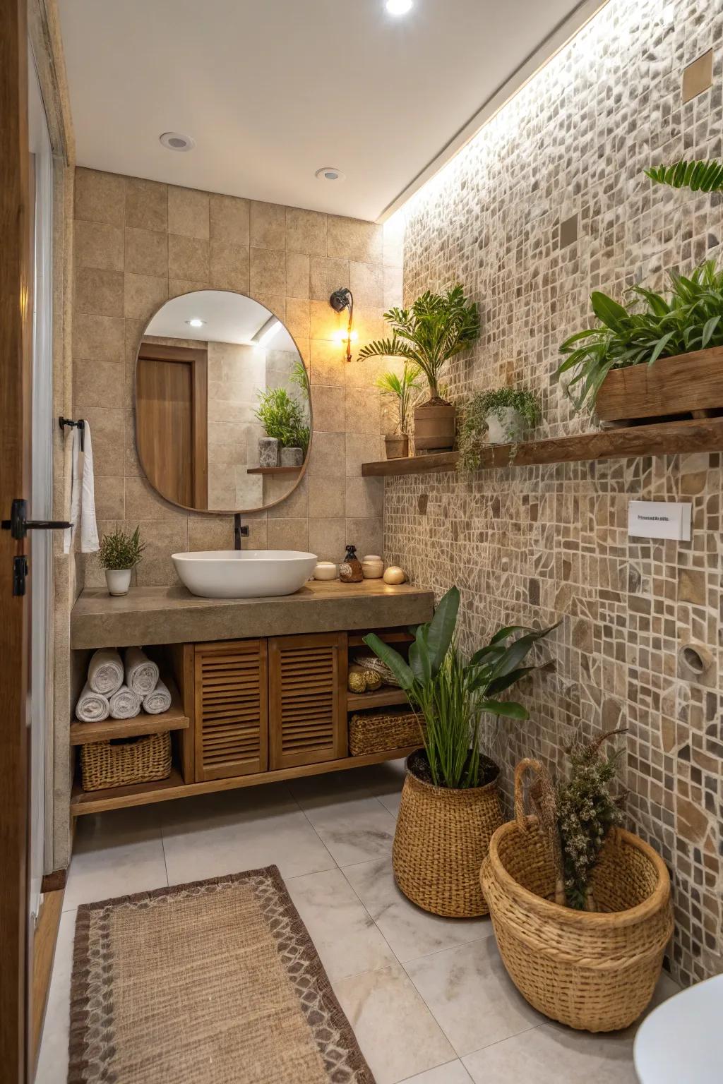 Earth-toned mosaic tiles establish a captivating, organic focal element in the bathroom.