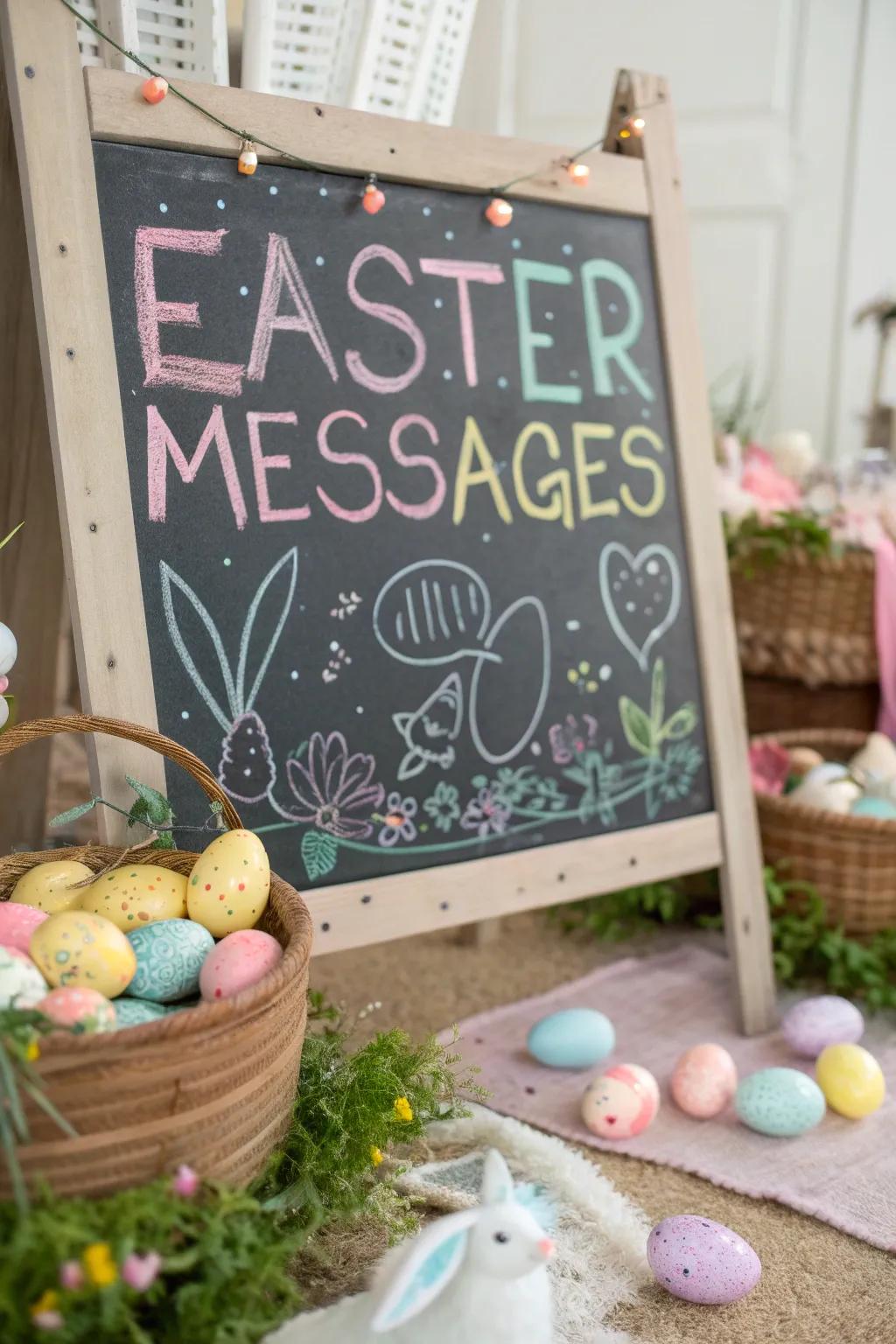 Personalized writing board messages impart charm to this Easter visual background.