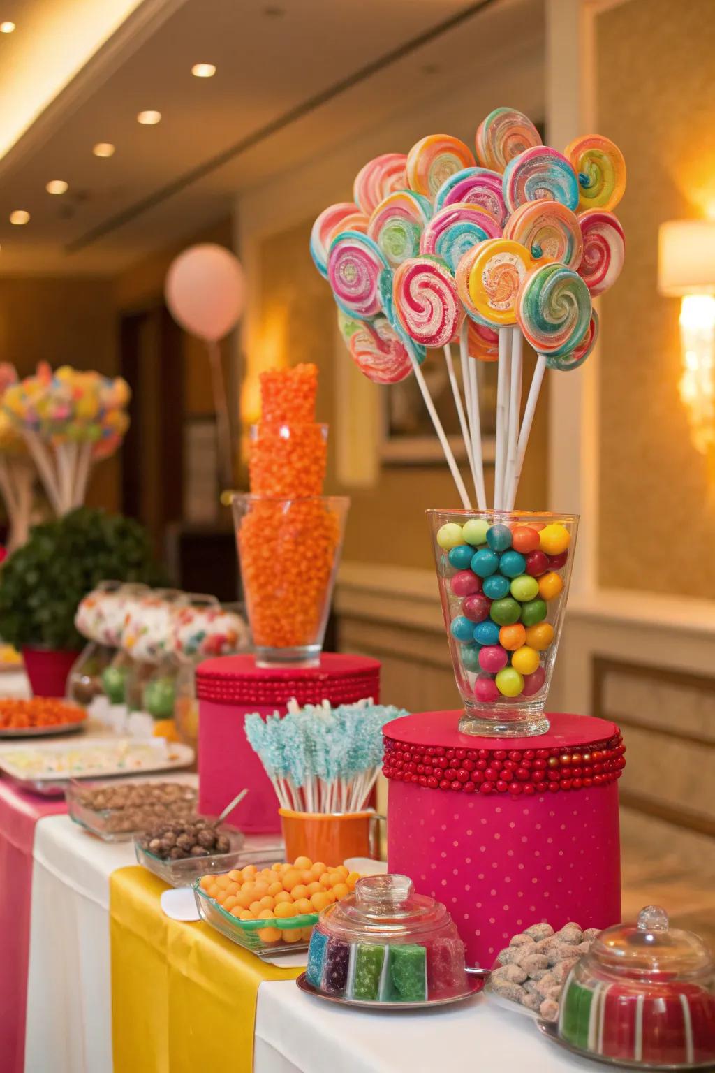 Self-made lollipop arrangements introducing charm and sweetness.