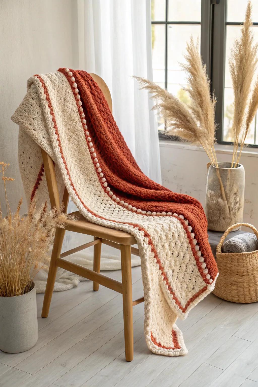 Elevate your area using a comfortable crochet blanket showcasing a striking boundary for a burst of hue.