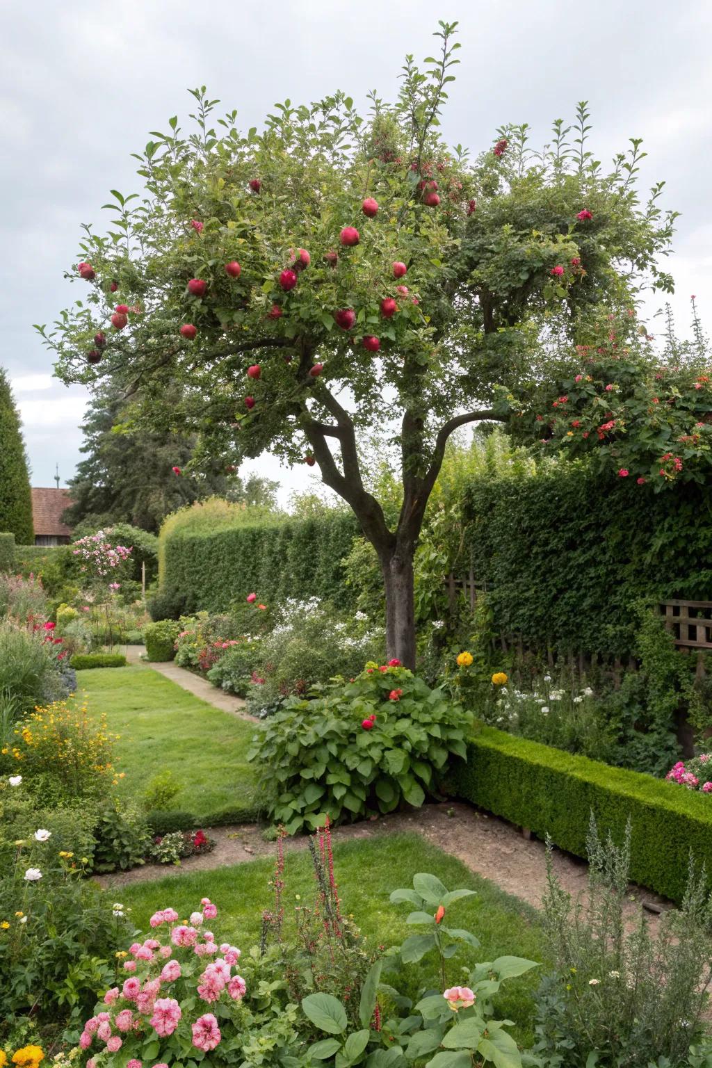 Fruit trees act as focal points and provide seasonal harvests.