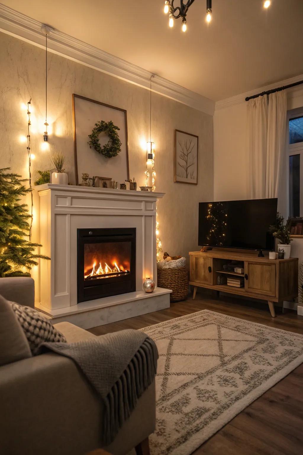Atmospheric illumination enhances the fireplace's warmth.