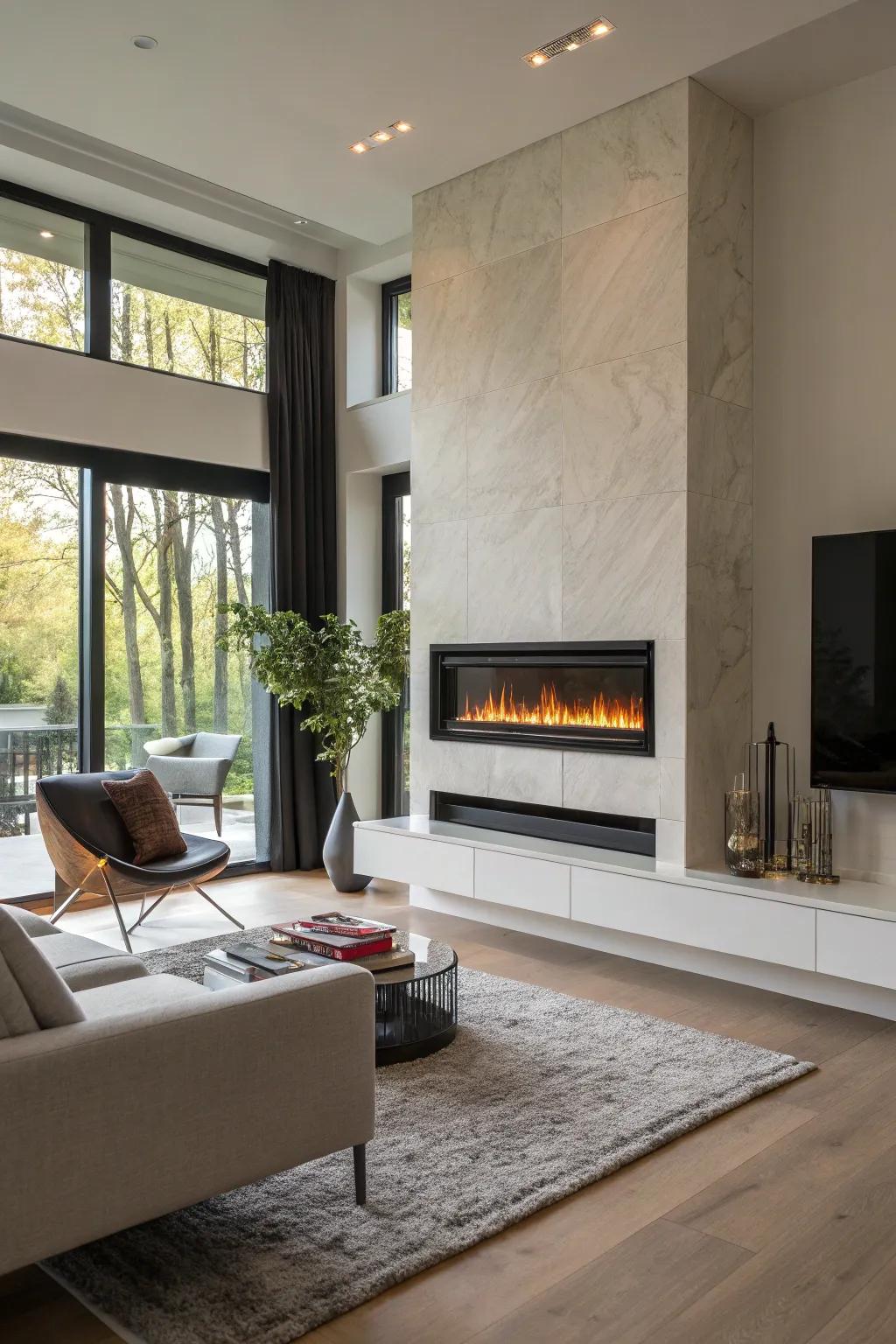 A slim-profile electric firebox in a modern living room