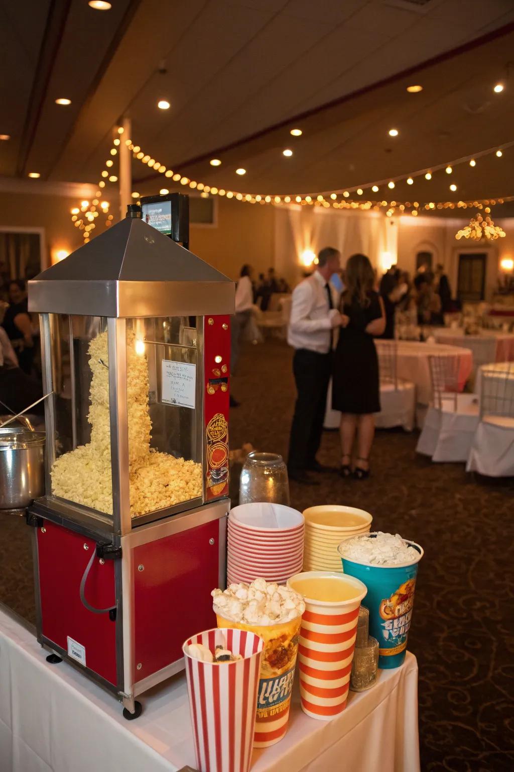A late-night popcorn treat counter, prepared to re-energize attendees during the wedding reception.
