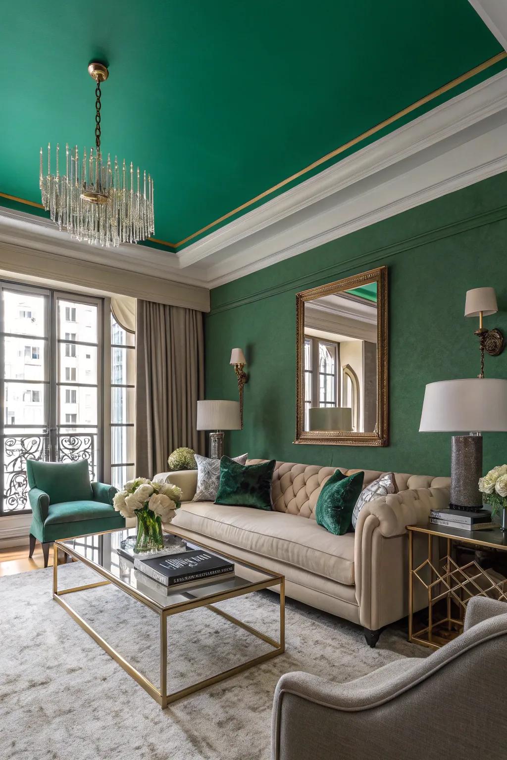 A strong deep green ceiling makes for a striking visual.
