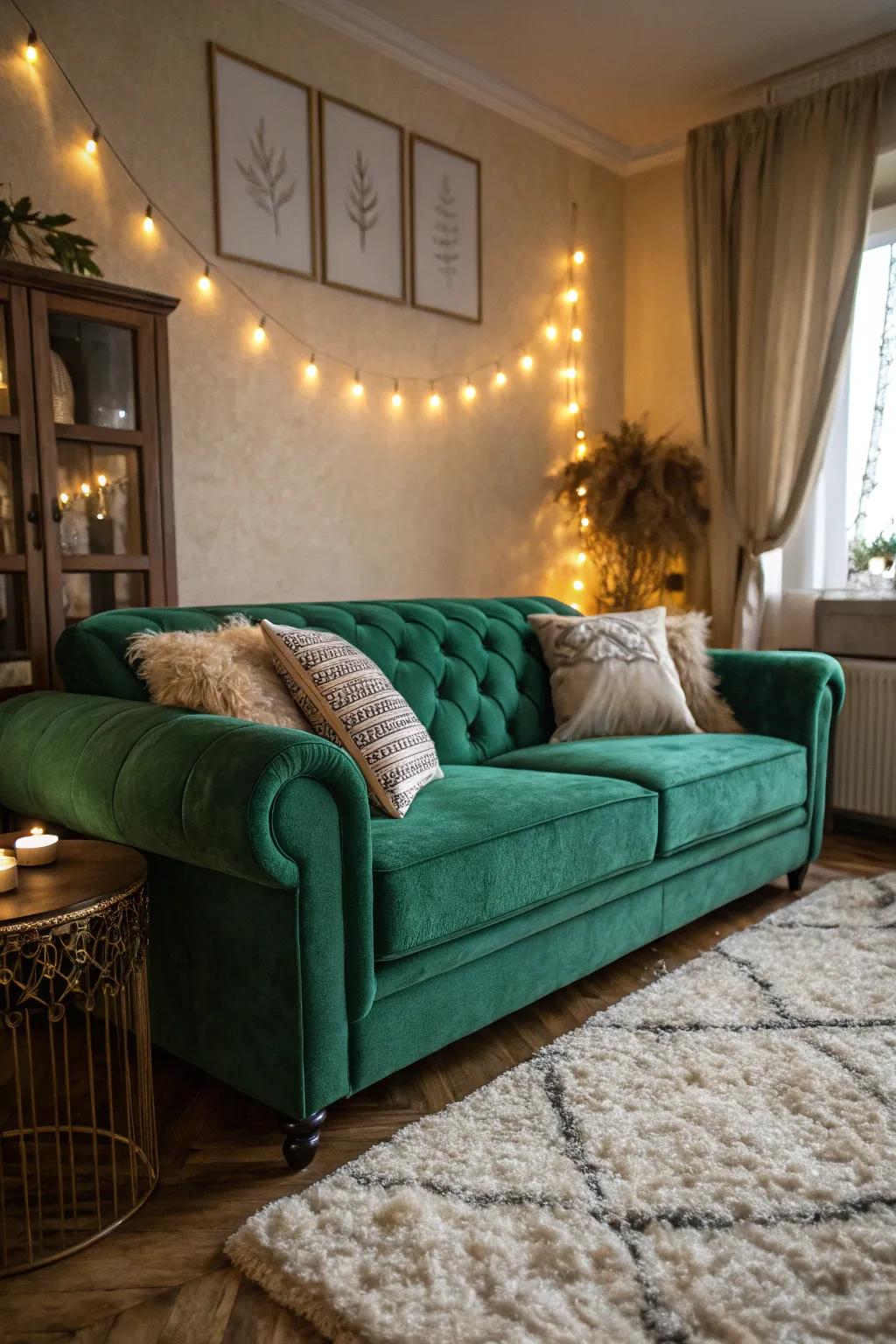 An inviting corner with a deep-green couch invites relaxation.