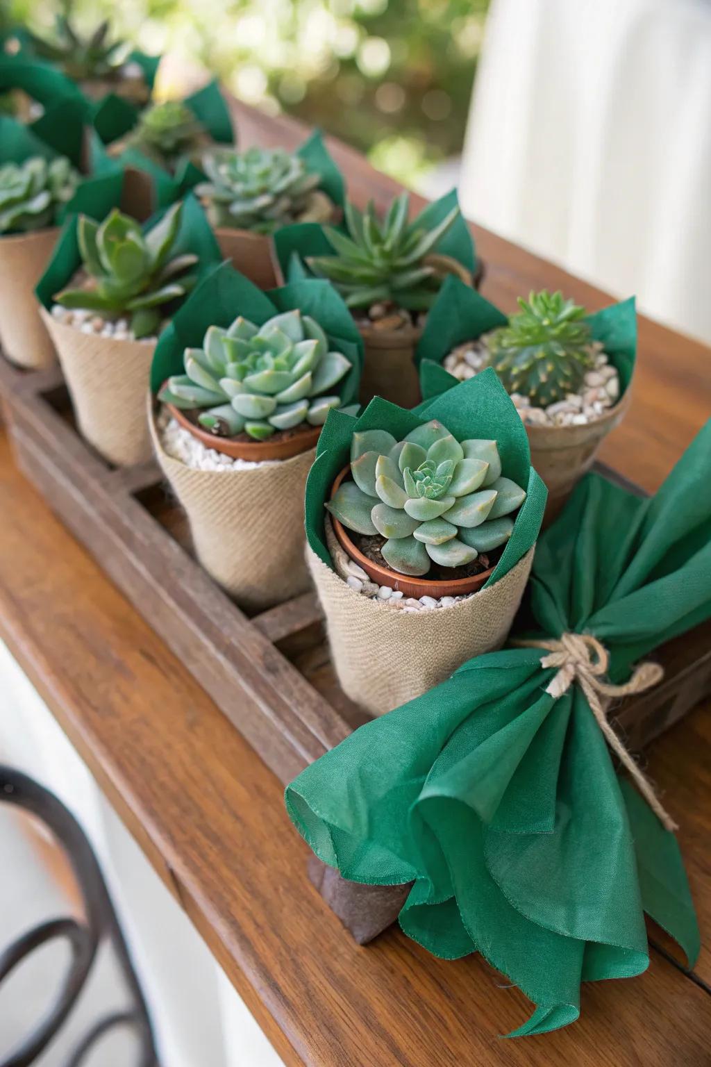 Eco-conscious wedding favors wrapped in emerald green.