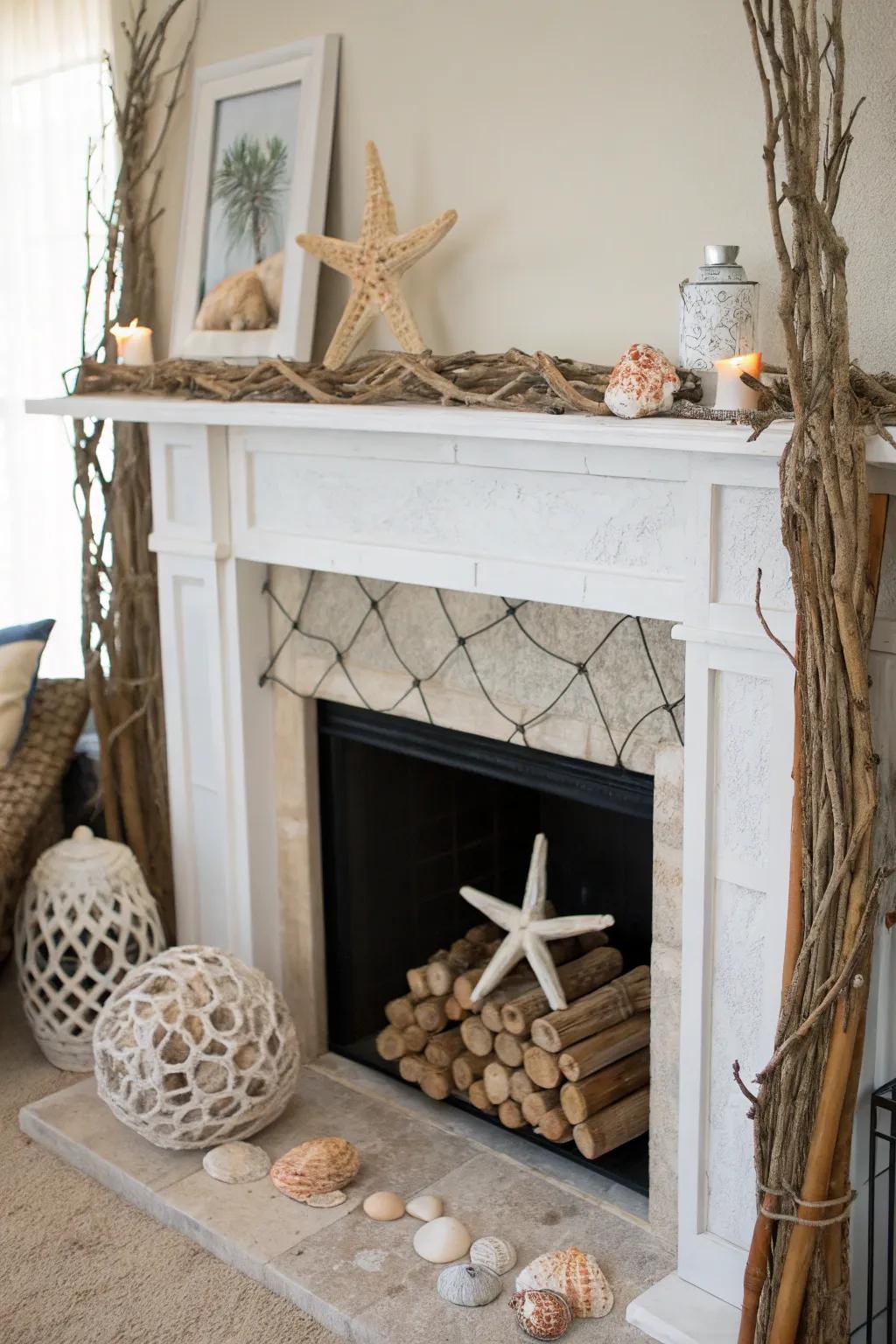 Embrace coastal charm through nautical décor in your fireplace.