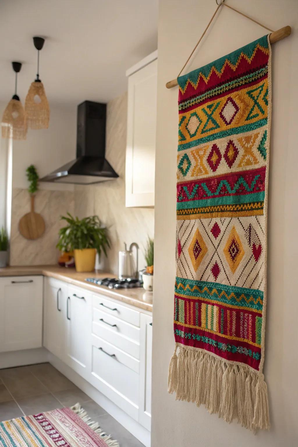A textile hanging brings texture and visual interest to a kitchen wall.