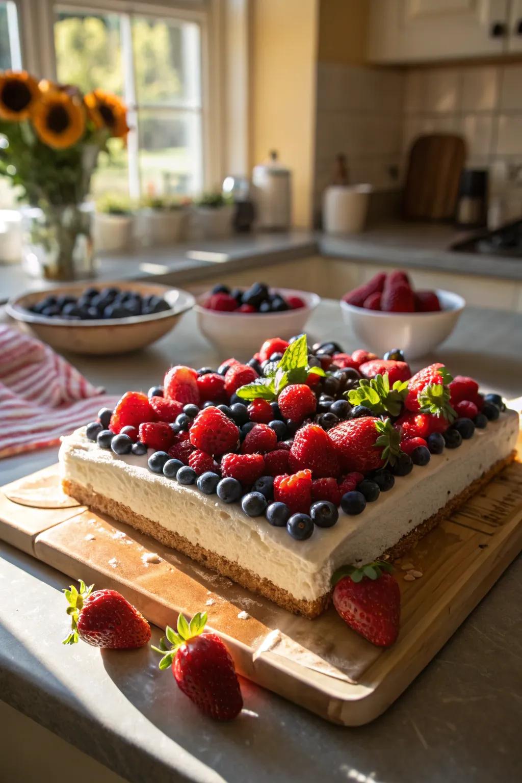 An engagement sheet cake topped with fresh berries.