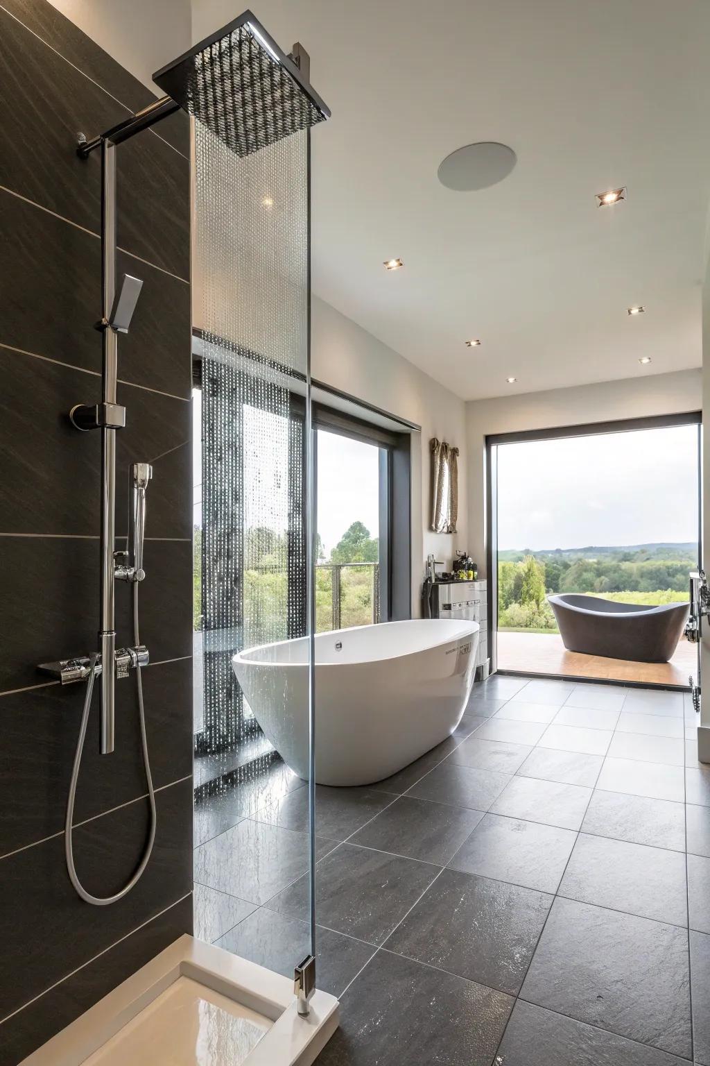Open shower spaces offer a smooth and roomy solution for small attached bathrooms.