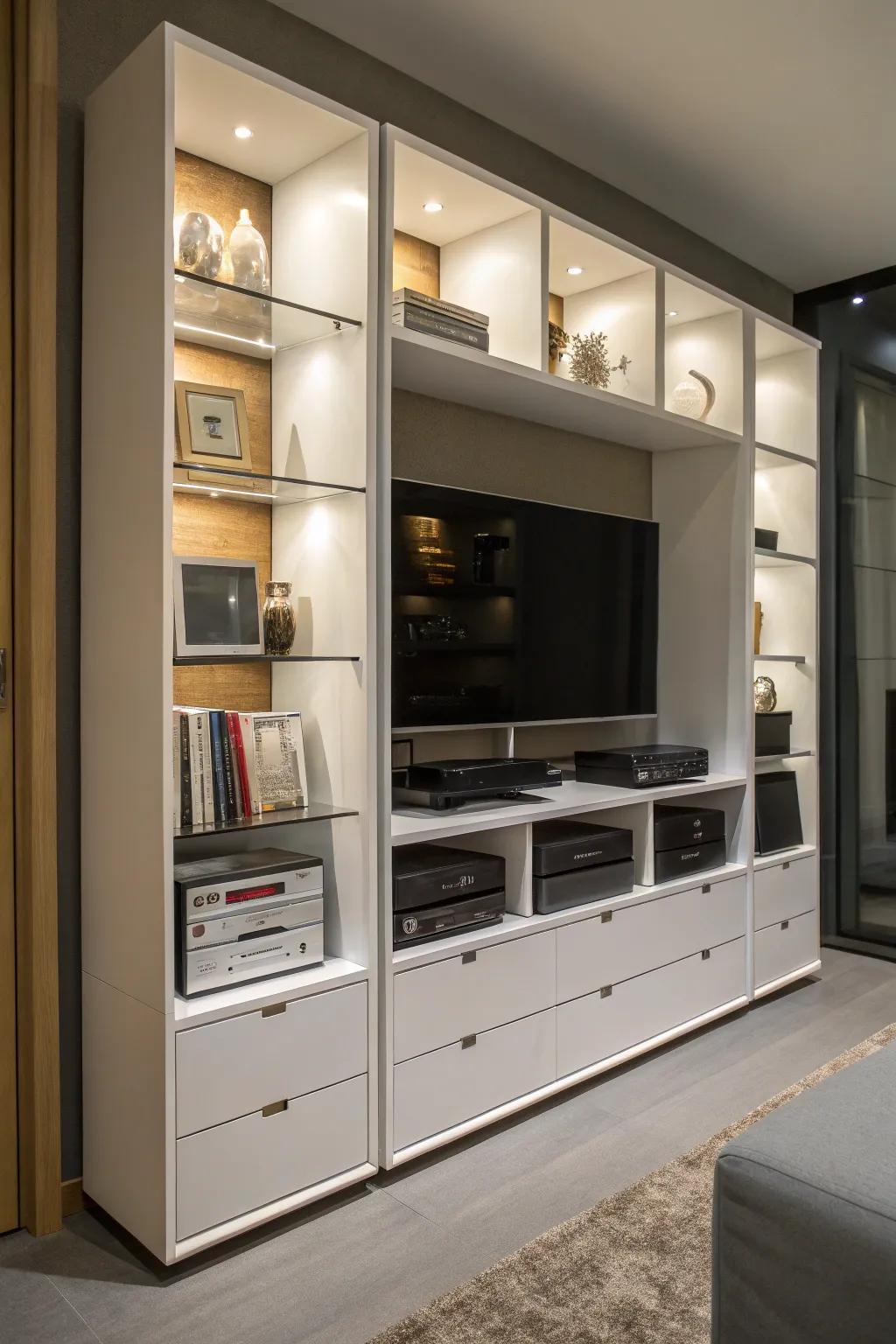 An entertainment center featuring useful storage solutions.