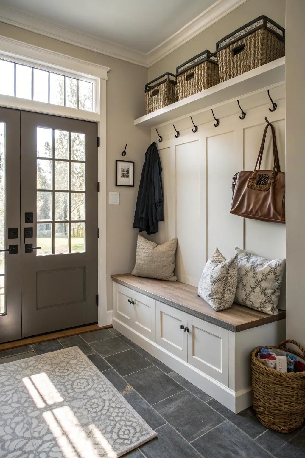 Practical seating and storage solutions elevate the functionality of the foyer.