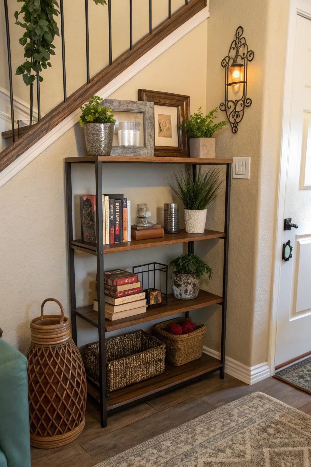 Organize and decorate with a tiered wall shelf.