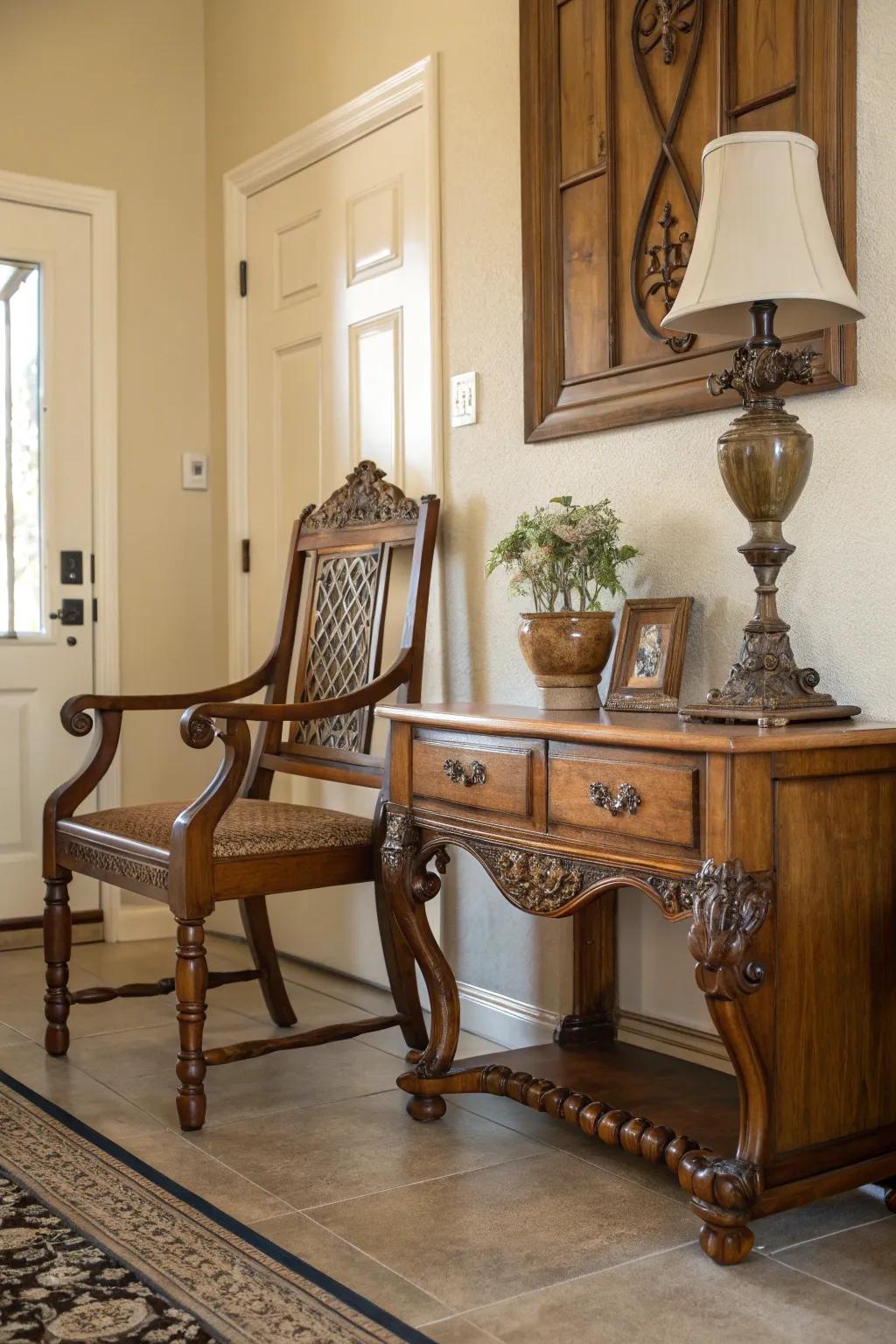 Vintage pieces enhance character.