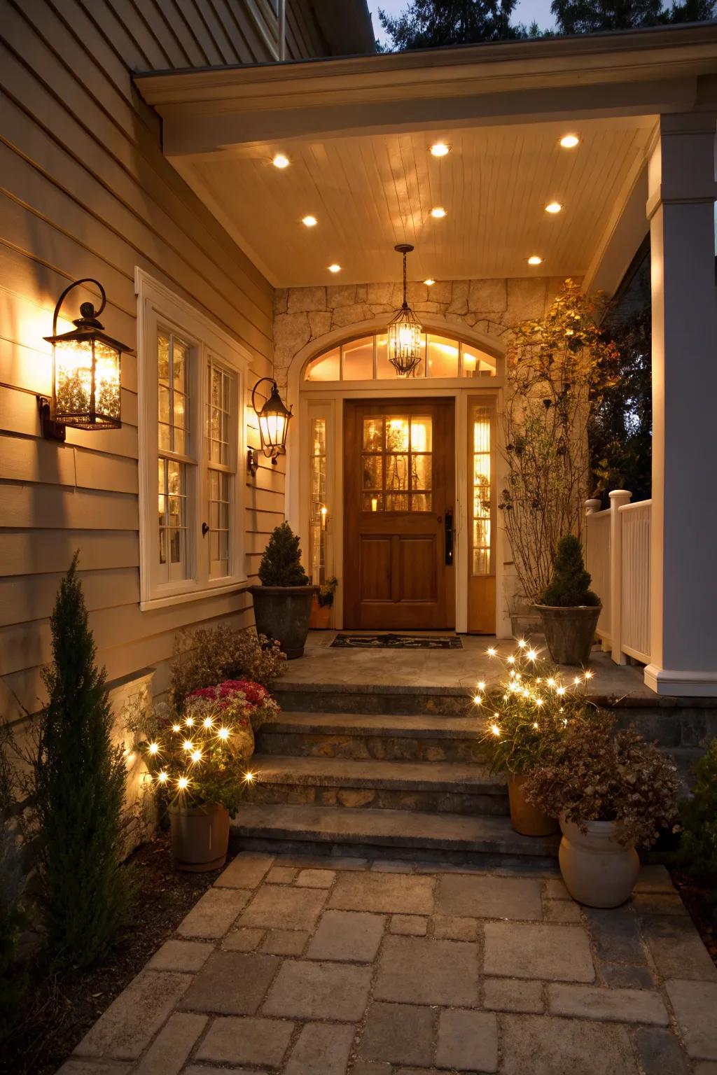 An entrance featuring layered illumination, incorporating both ambient and accent lights to cultivate an inviting atmosphere.
