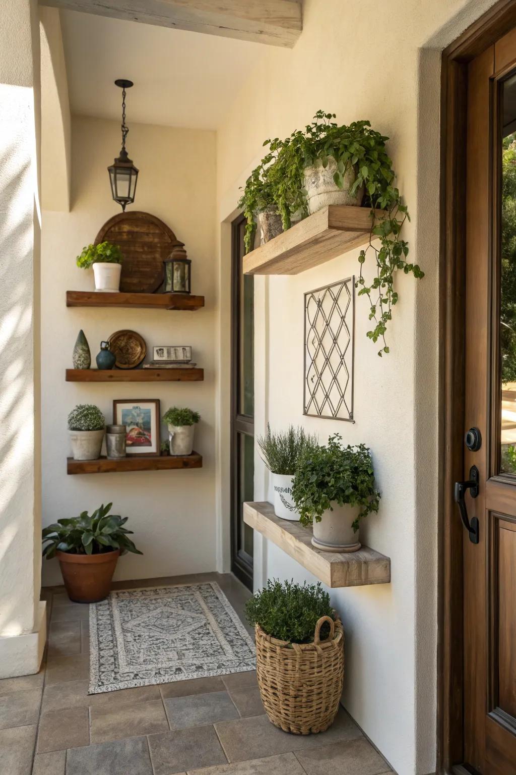 Floating shelves enhance storage and style in the entryway.