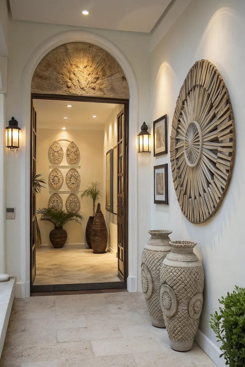 Sculptural wall art imparts dimension and sophistication to entryways.
