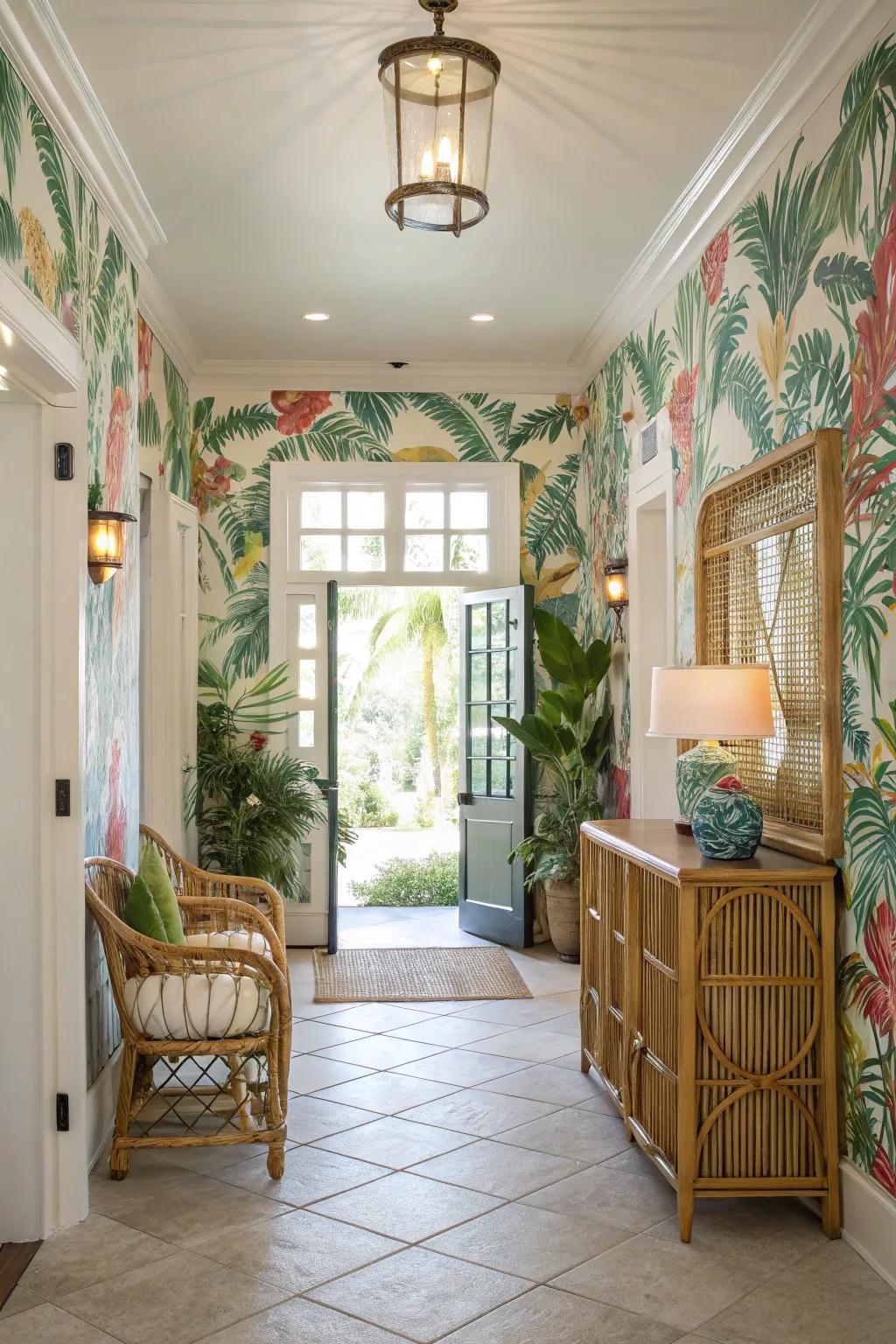 A vibrant entryway showcased tropical wallpaper, delivering a warm greeting.
