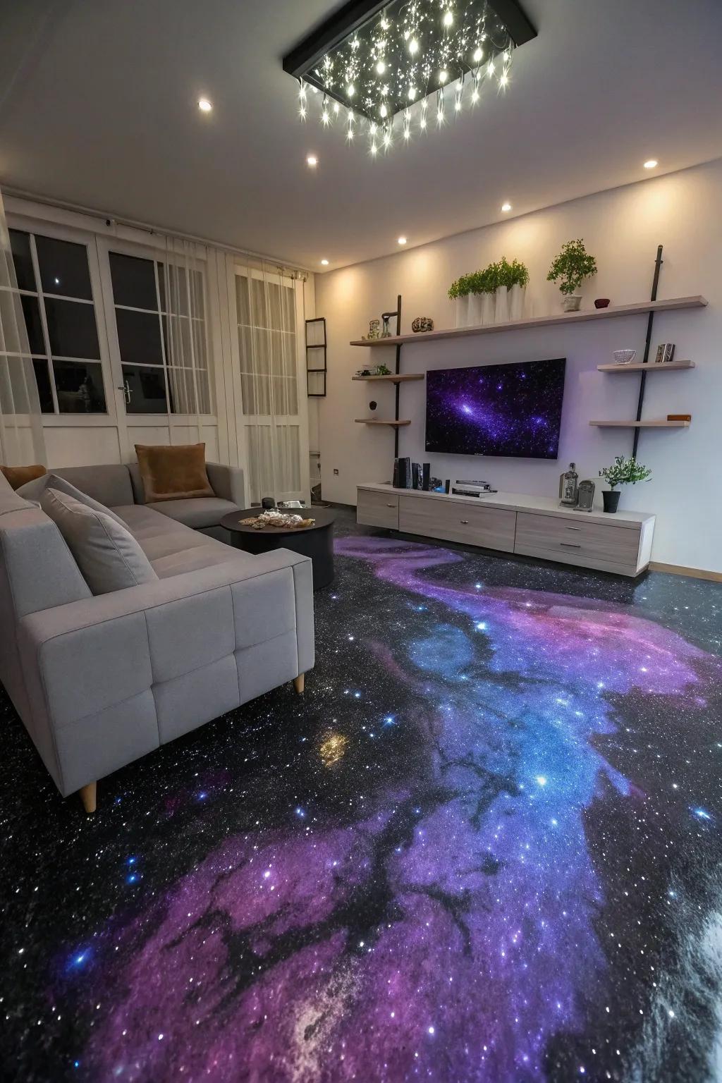 Journey through the cosmos with galaxy-inspired epoxy floor designs.