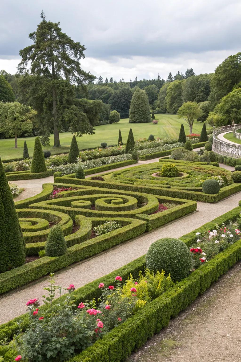 A structured garden layout that features an evergreen pattern.
