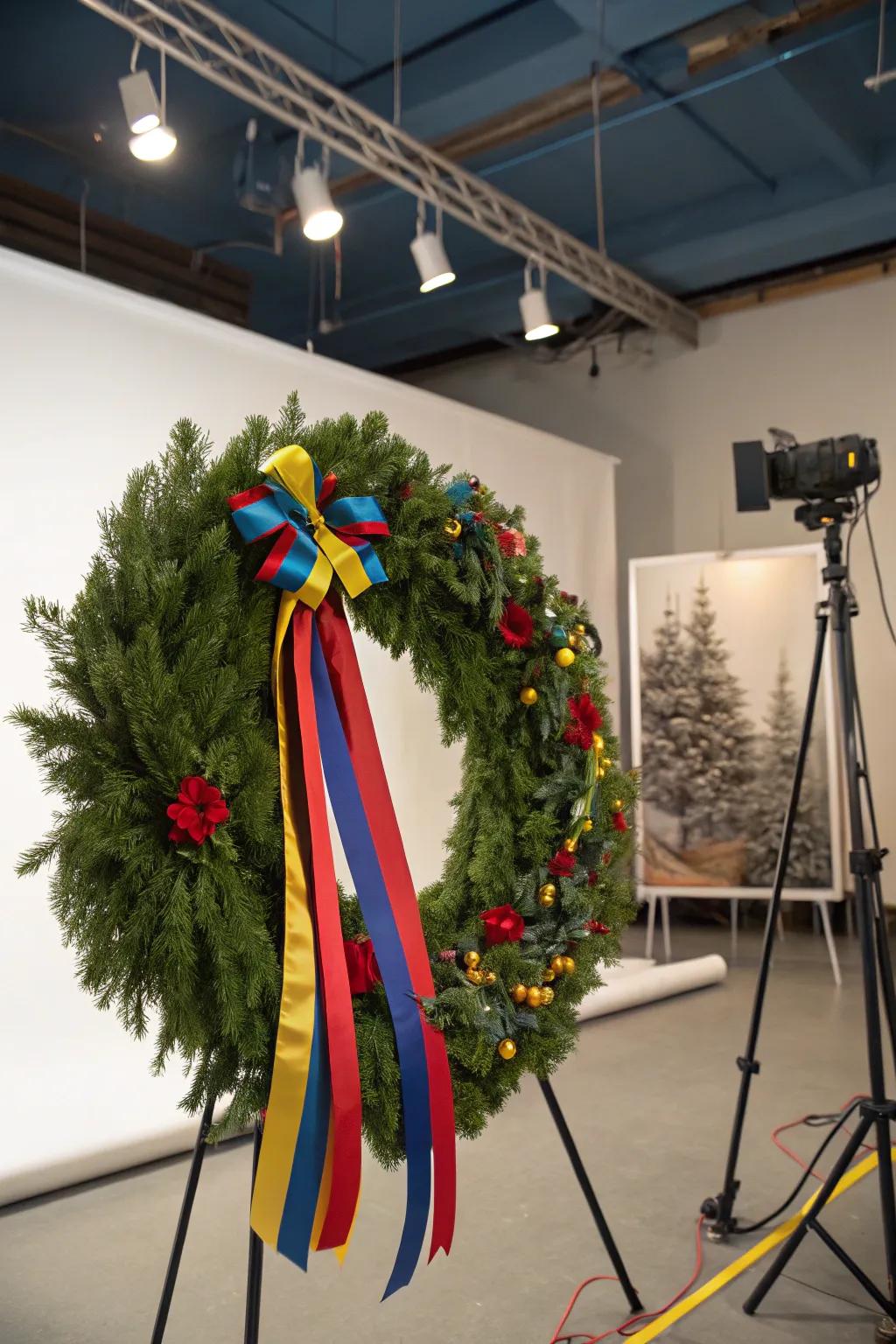 A creative swag featuring colorful ribbons in a studio setting.