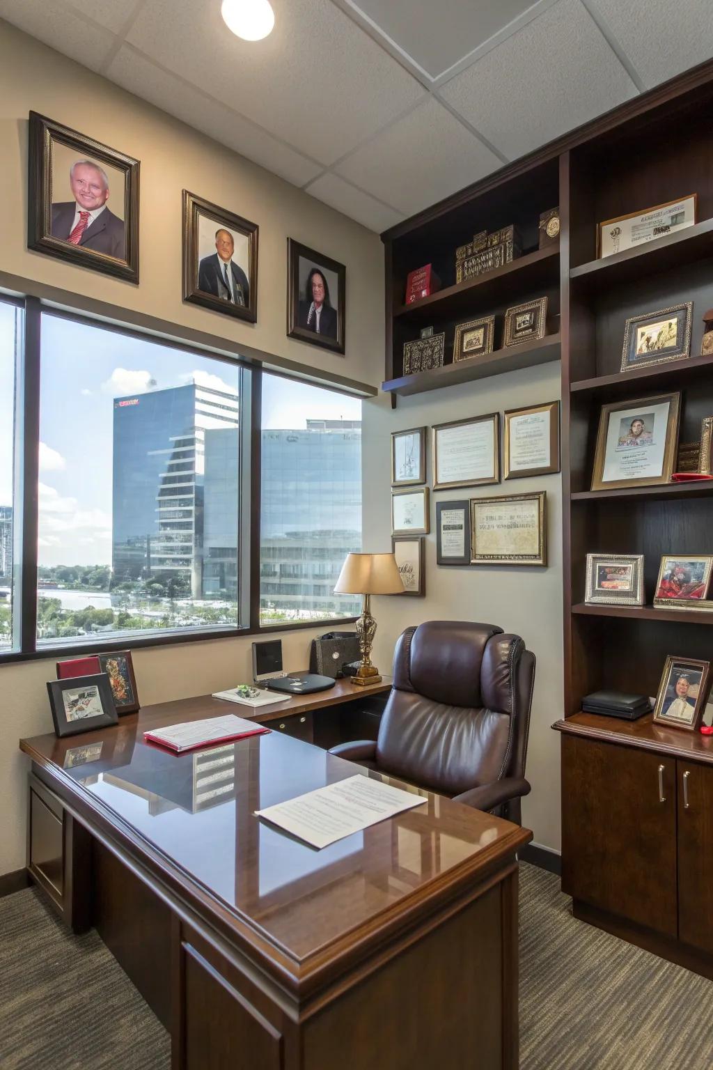 Personal keepsakes bring warmth to this executive office.