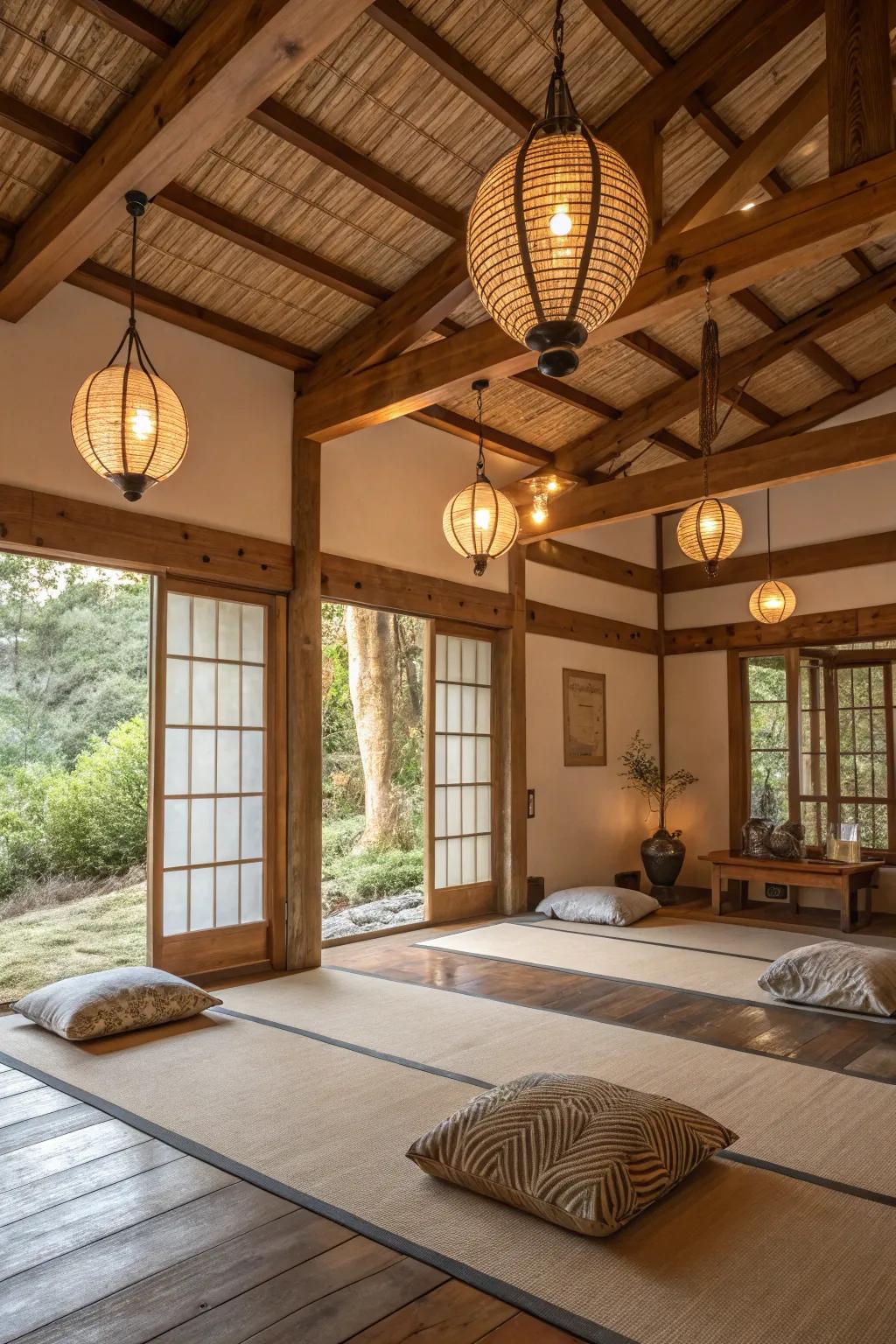 Smooth natural look with wood fixtures and beams.