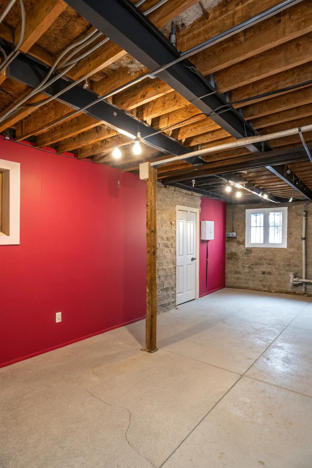 A bold statement wall imparts personality and richness to a basement featuring an exposed ceiling.