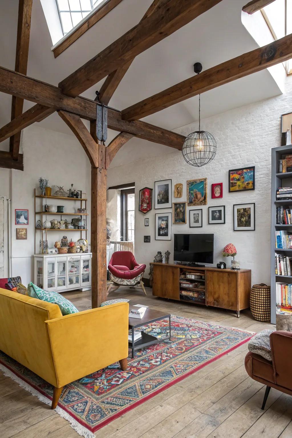 Achieving eclectic charm through the strategic variation of beam styles.