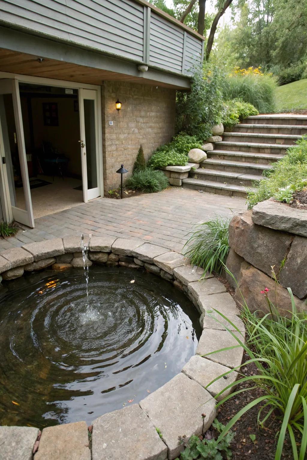 A tranquil pond near a walkout basement enhances the serene atmosphere.