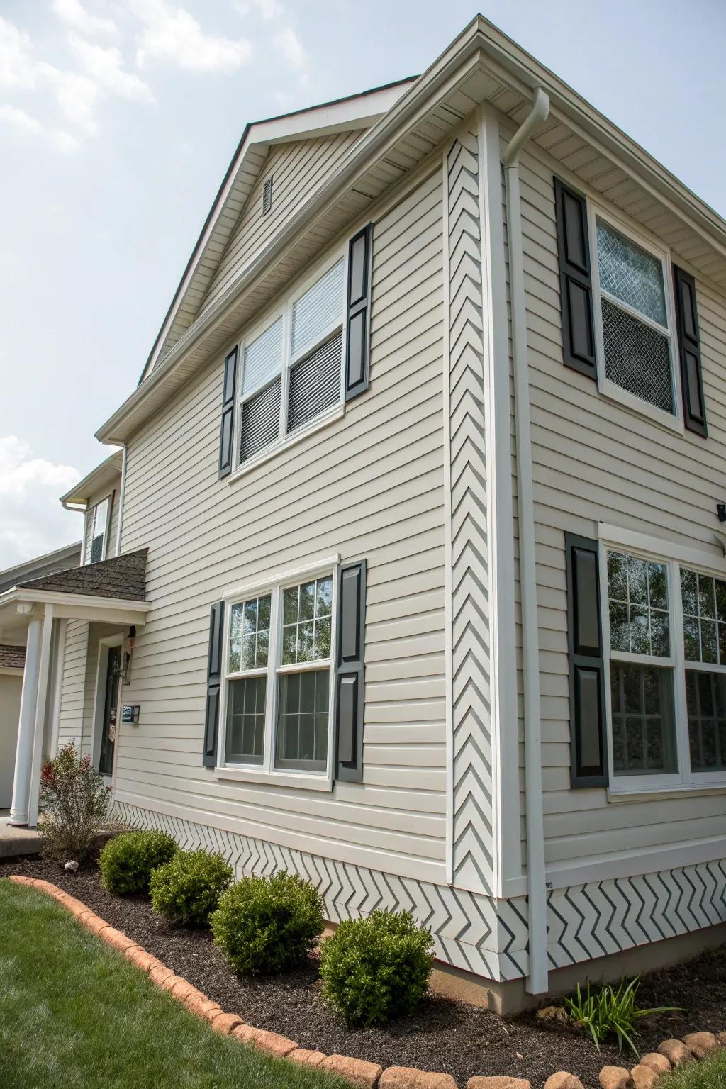 Patterned trims add a distinctive texture to window exteriors.