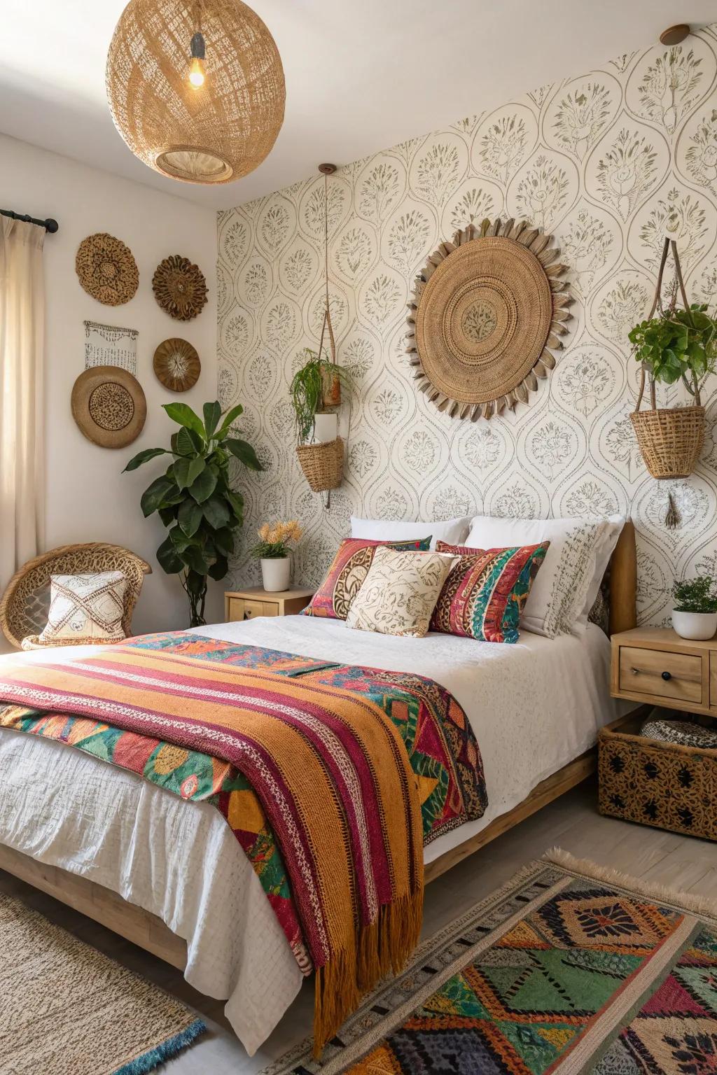 Fabric wallpaper with bohemian eclectic vibes creates a relaxing retreat.
