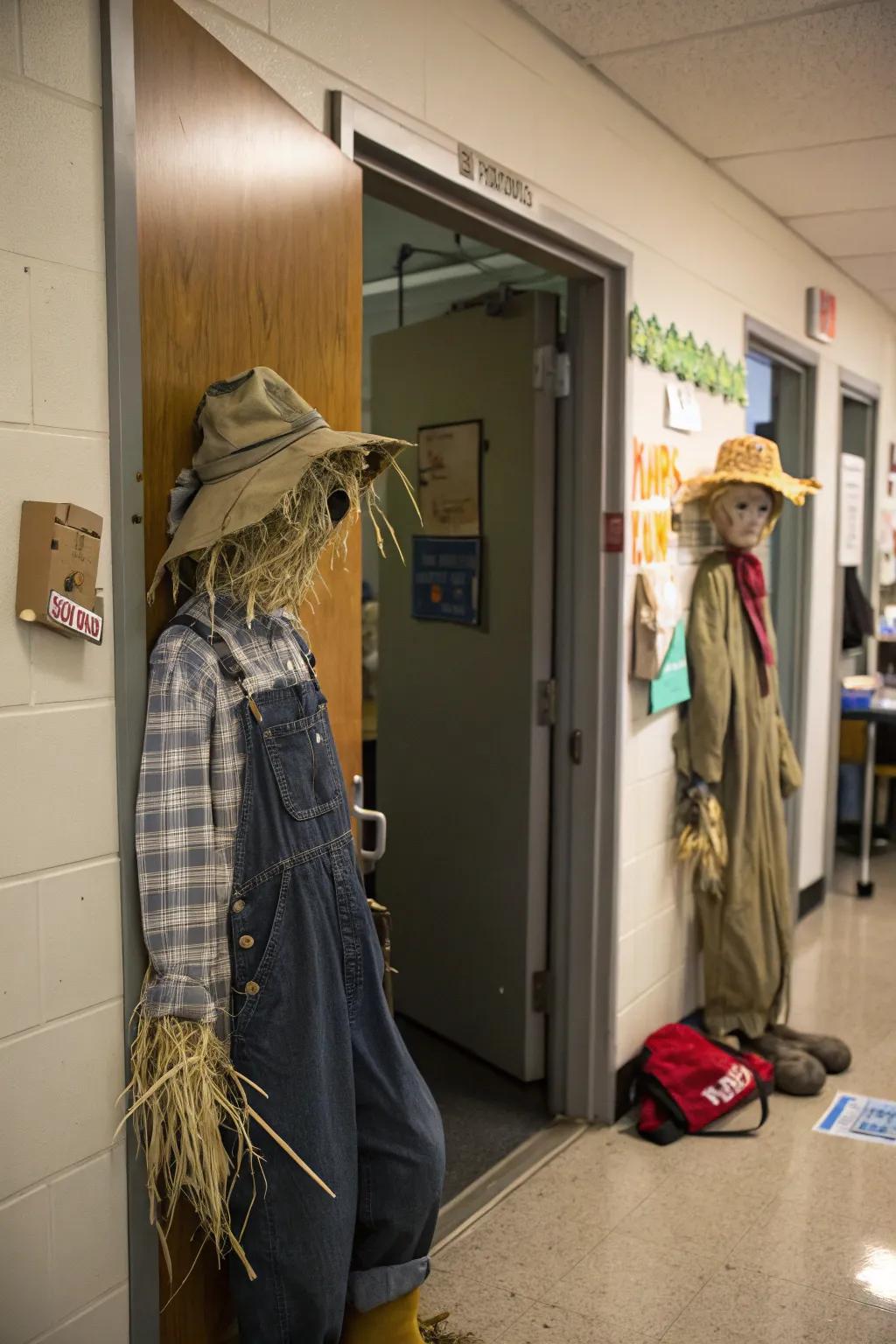 Scarecrow entrance decor with classic charm.