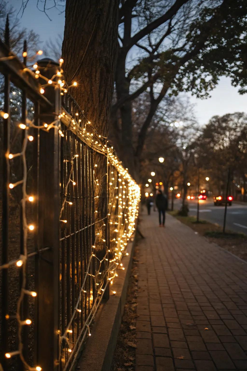 Warm white string lights fashion a comforting luminescence on the fence.