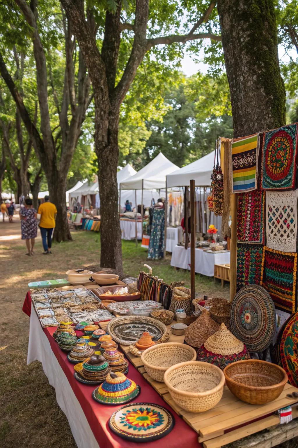 A vibrant handicraft marketplace corner displaying indigenous expertise