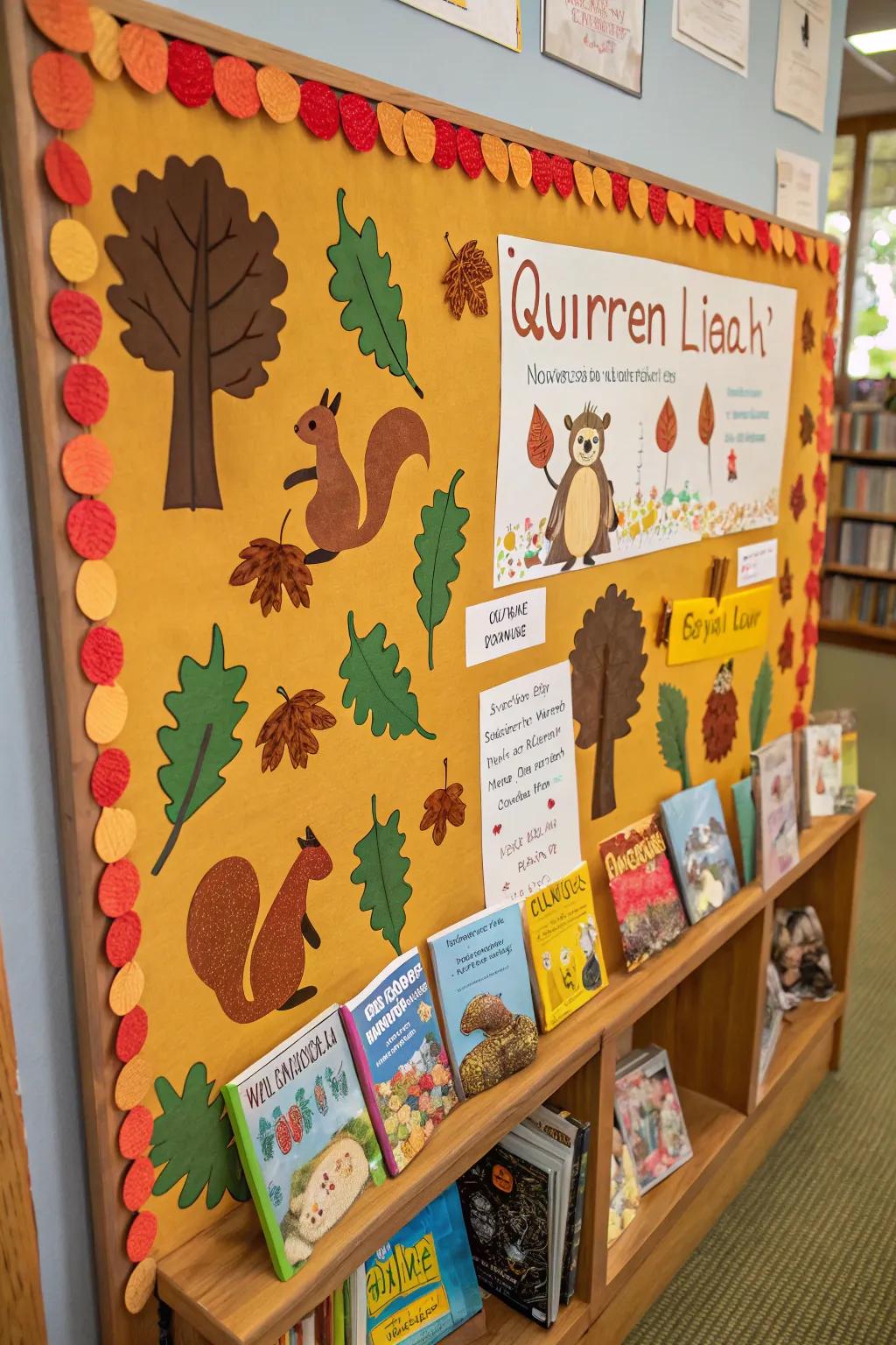A playful bulletin board featuring squirrels collecting book acorns.