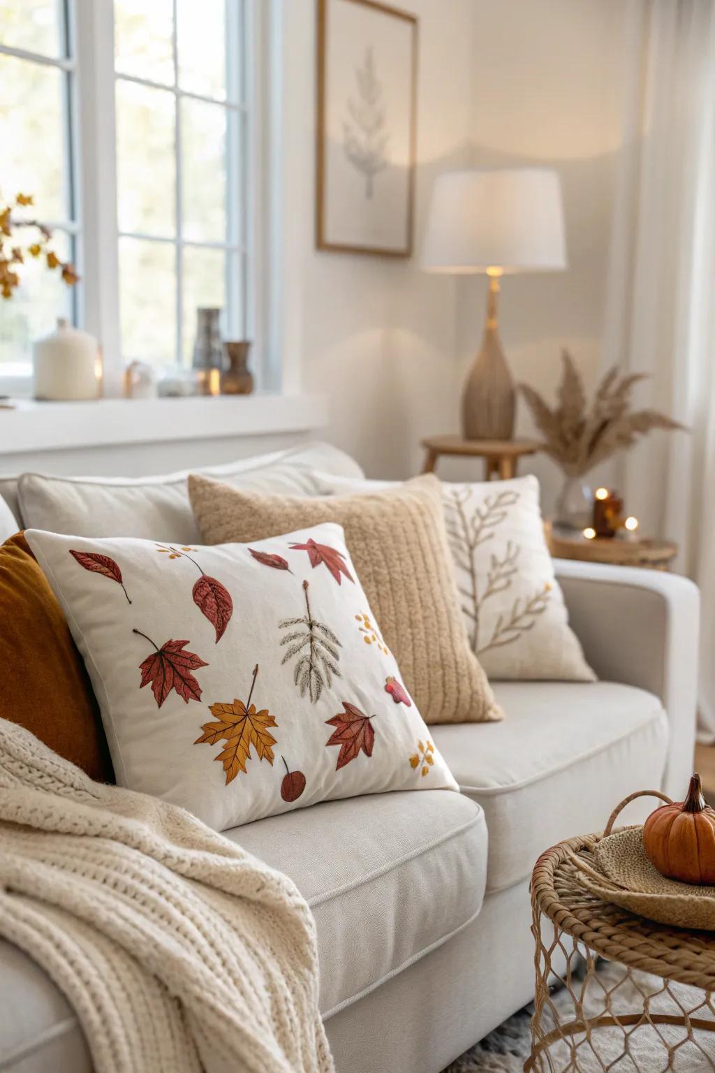 Neutral cushions accented with fall elements offer a refined elegance.