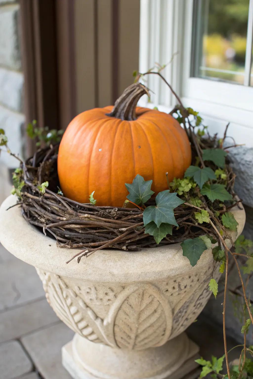 A winding branch ring serves as a rustic base for gourd displays.