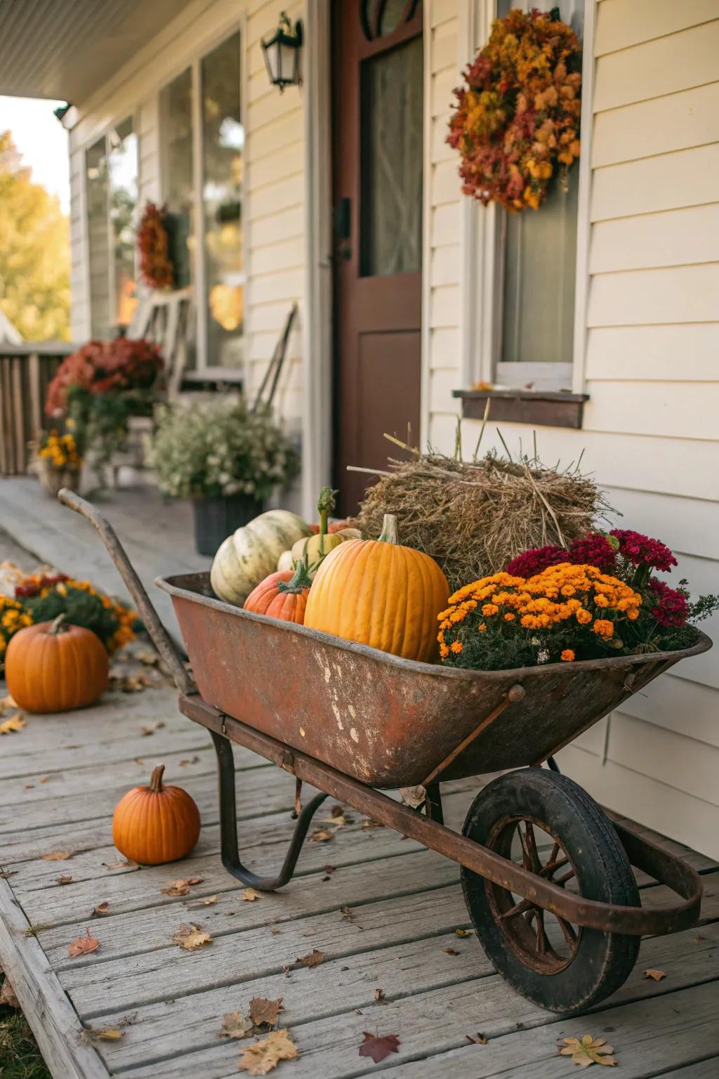 A classic handcart imparts a charming unrefined detail to the autumnal entryway.