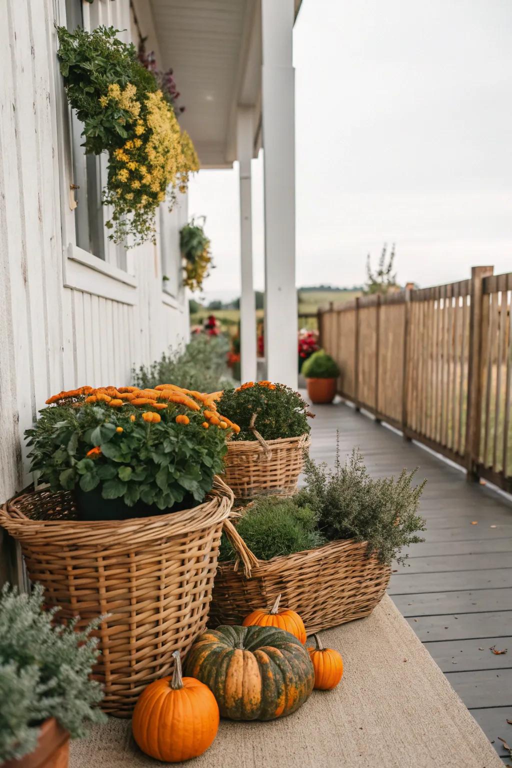 Interwoven containers contribute countryside allure and inherent facet to your porch ornamentation.