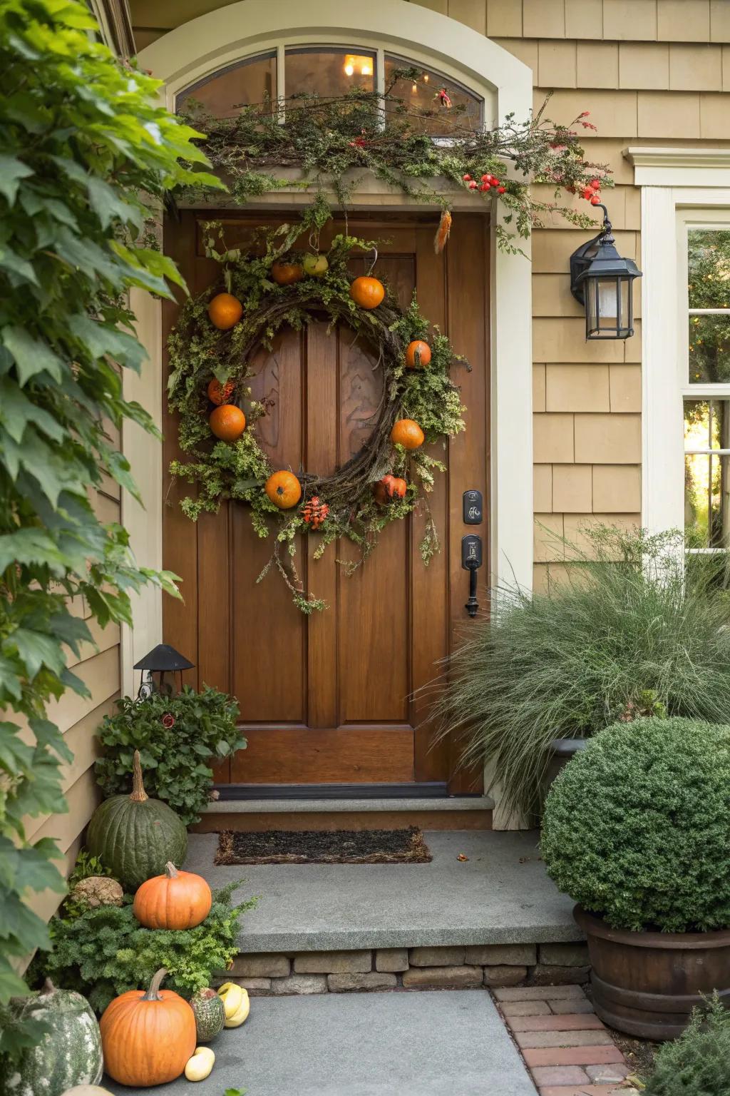 Pepos and vinestocks fashion a warm, textured wreath.
