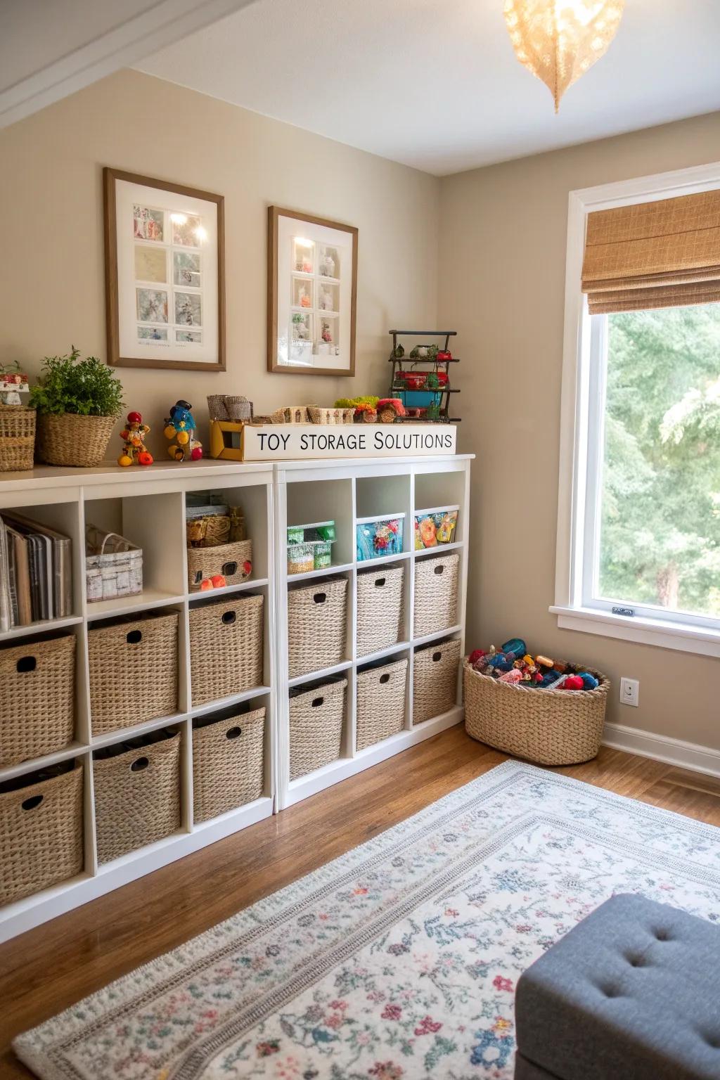 Creative arrangement solutions make toy cleanup simple and effective.